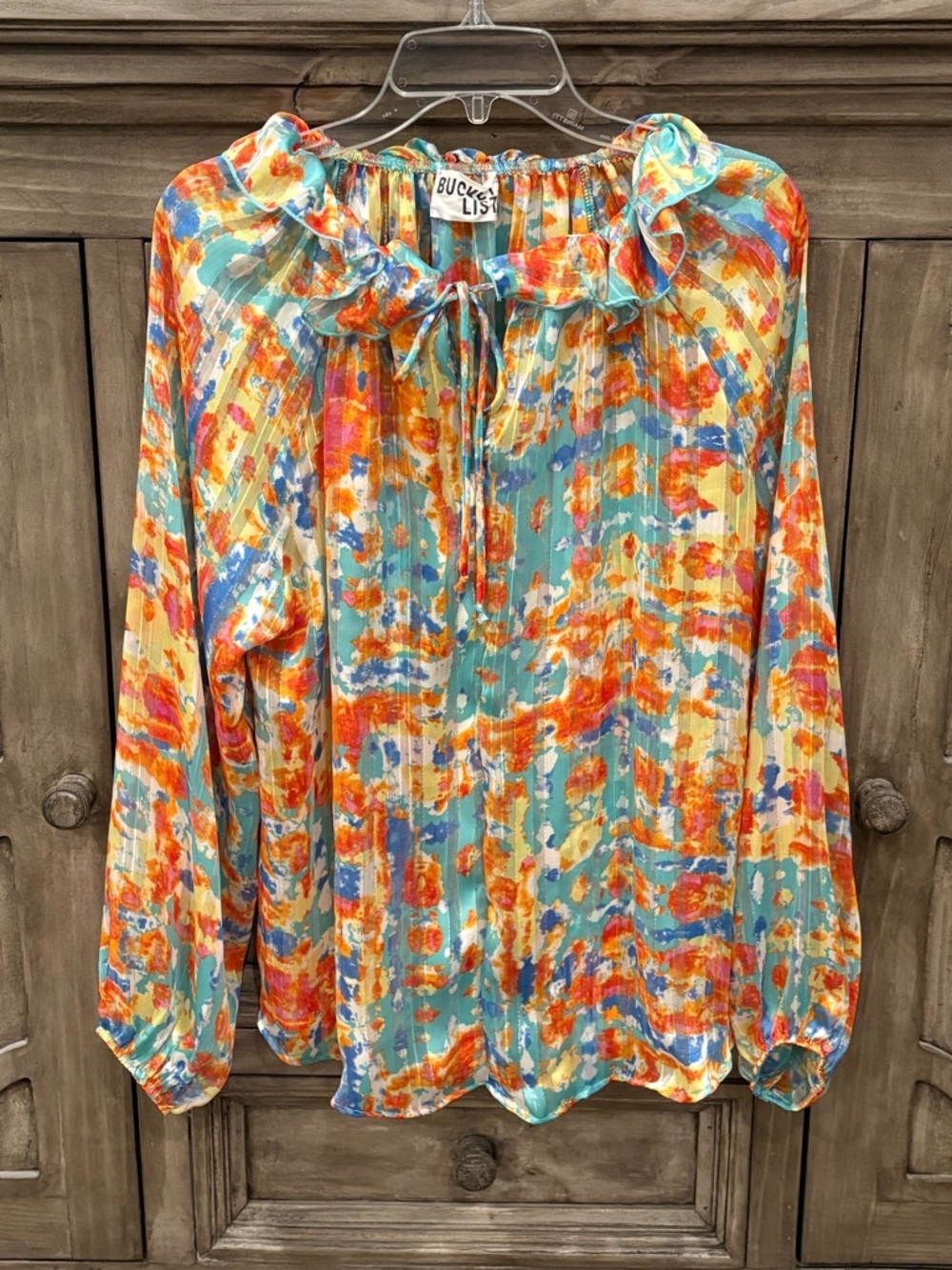 NWOT Women’s BUCKETLIST Orange/Blue Abstract Multicolor Ruffle Blouse (Medium)